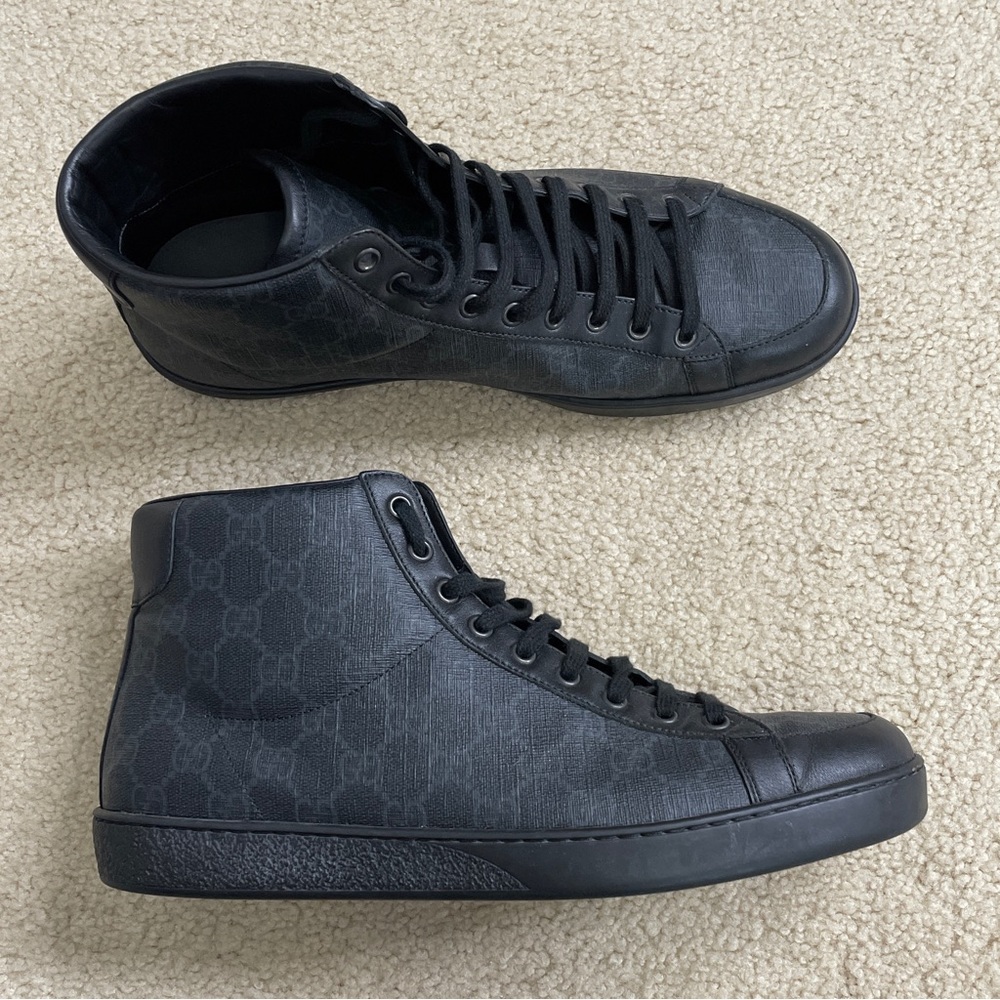 Gucci Monogram Black High Top Sneakers Sz EU 9.5 / US 10.5 Designer Luxury Shoes